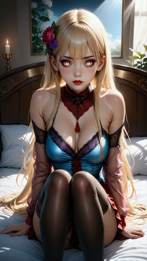 (masterpiece, aesthetic, detailed eyes, realistic), 1girl, mahiru shiina, angel next door spoils me rotten, Long smooth straight golden hair, purple to golden gradient eyes, sitting in stockings on a bed, super detail, best quality, 8k