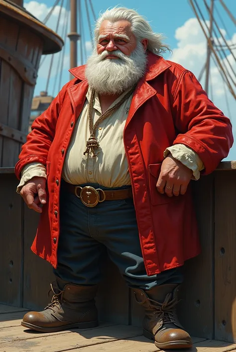 A very fat old sailor, dressed in red , con barba e capelli bianchi