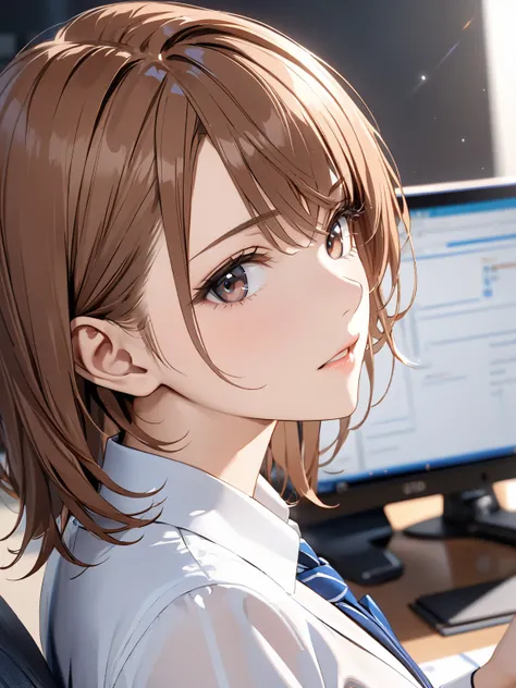 ( cute), Small breasts,  office lady with straight black hair, (Misaka Mikoto), masterpiece:1.5, masterpiece, highest quality, UHD, retina, masterpiece, accurate anatomy, super detailed, high quality, best quality, 8k