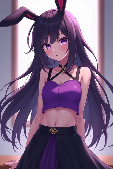 anime woman with long dark purple hair, bunny ears, 
purple eyes, purple crop
 top and black long skirt