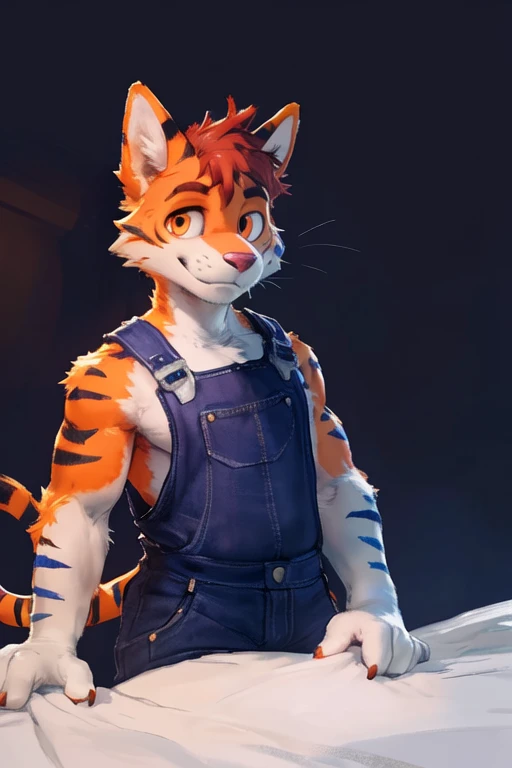 ((( fur anthropomorphic fur full body A stylized anthropomorphic character, appearing to be a feline or similar creature, lies on its back on a dark purple surface. The character has orange and white fur, with darker orange markings resembling stripes or s...