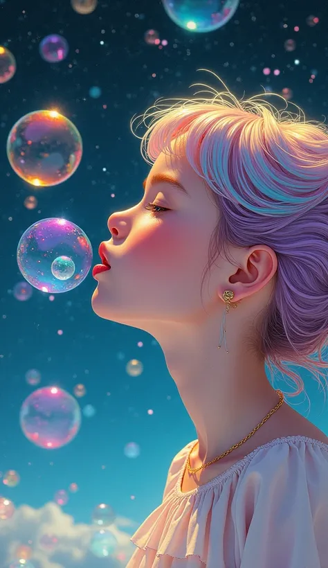 in the style of colorful Moebius  , close up portrait of girl blowing bubbles with bubblegum, pastel hair color, photorealistic, cinematic light, space background