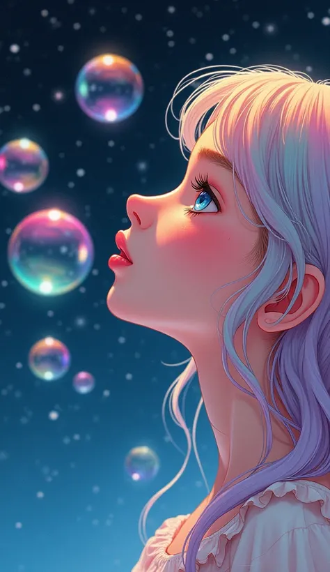 in the style of colorful Moebius  , close up portrait of girl blowing bubbles with bubblegum, pastel hair color, photorealistic, cinematic light, space background