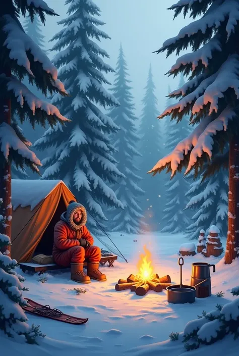 Camping in forest with winter and fire
