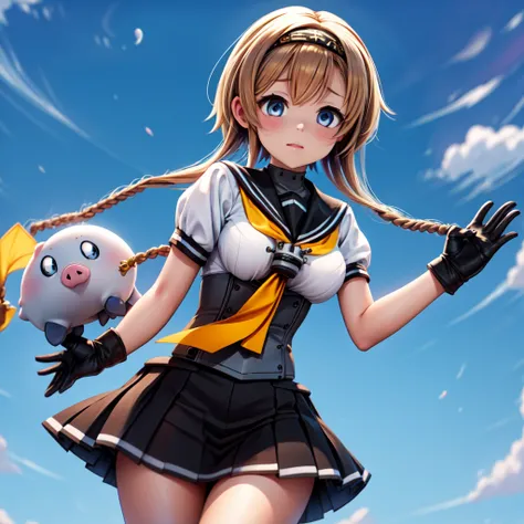 teruzukikc, braid pig tails,twin braids,long hair,blue eyes, 1girl, solo, skirt, hair ornament, headband, school uniform, white serafuku, black corset, black skirt, gloves,braids,yellow neckerchief,cowboy shot,