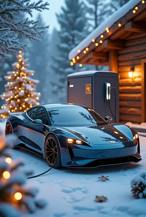 christmas picture with a electric car charging from a 10 ft container battery