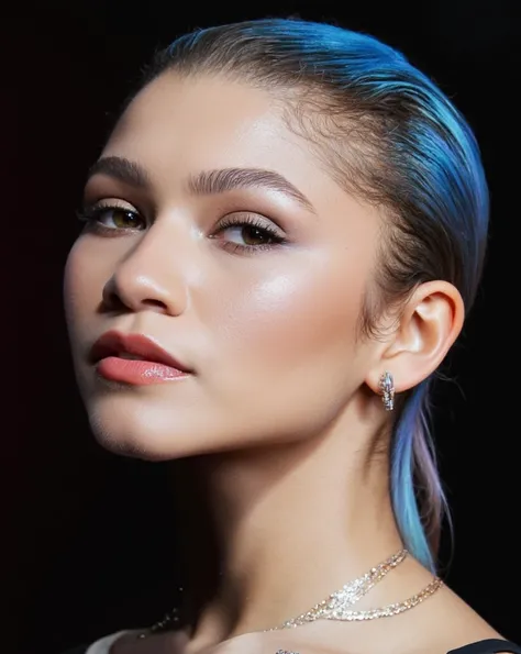 High res waist up portrait photo of a woman directly facing the camera with her hair in a high ponytail and eye-makeup featuring glittery eye-shadow and clear glossy lip-gloss. She is looking at the camera with a slight seductive look. She is wearing a thi...