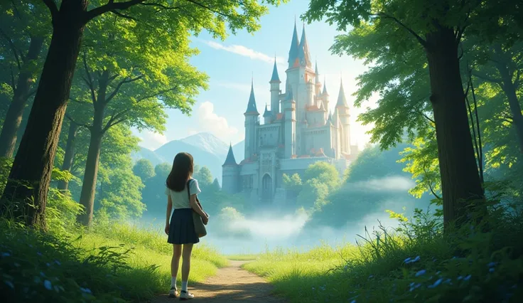 A surreal scene featuring a young girl standing in a magical forest with a dreamlike castle towering in the distance. The castle is ethereal, with glowing spires and a misty aura, blending harmoniously with the vibrant green forest. Sunlight filters throug...