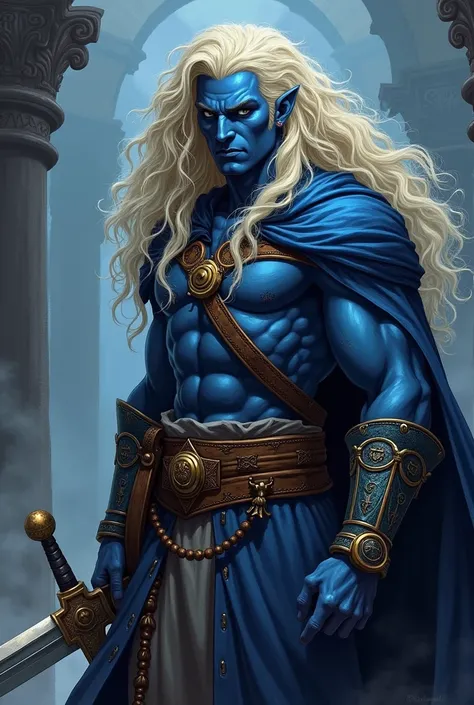 Create an image set in Baldurs Gate 3, with a half-orc man, curly, blonde, dark blue skin, and a wizard casting a spell.. 
 Next to her companion half-elf warrior strong long white hair , blue eyes light skin with a divine sword with two hands 