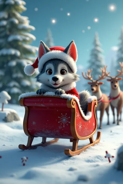 A little gray wolf dressed as Santa Claus in his sleigh