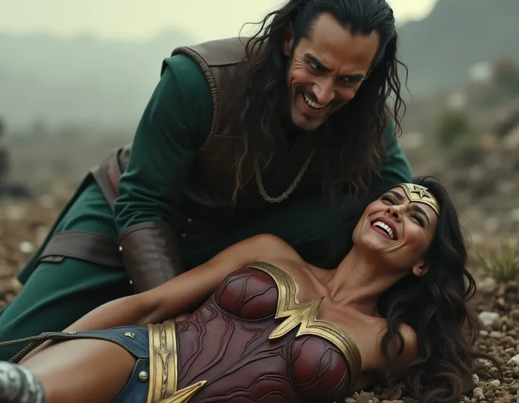 wonder woman wear bikini and crying in war and use gal gadot face cinematik but no portraite use full lengtho body lying on the ground and loki but use tom hiddleston face as a loki caracter behind her and laughing