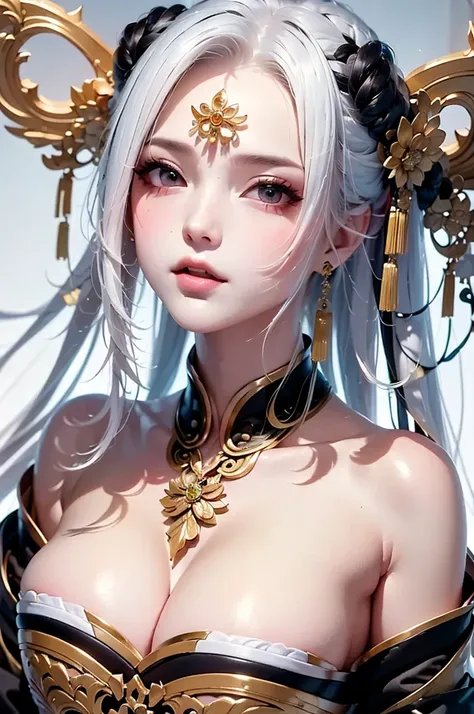 full body image:1.5, super high quality, masterpiece, Perfect illustration, Very detailed:1.6,　white barance, 1girl, 23 years old, cute girl, white hair, sharp and big beautiful eyes, medium breasts, bright skin. fantasy royalty, onmyoji, majesty, asian dr...