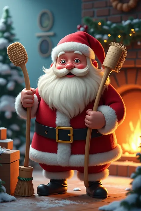 santaclause holding cleaning brushes 