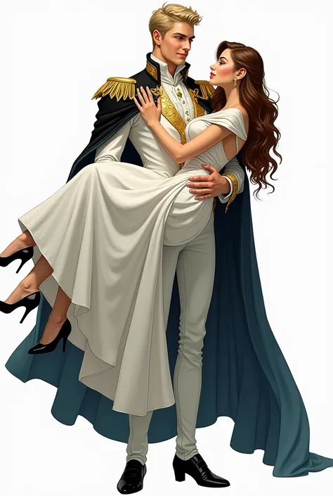  tall and athletic man with blond hair and blue eyes wearing a white and gold king suit ,  a black cape with gold details and elegant .  he carries up a woman with long brown hair green eyes a white princess dress with gold and a white cape with blue for t...