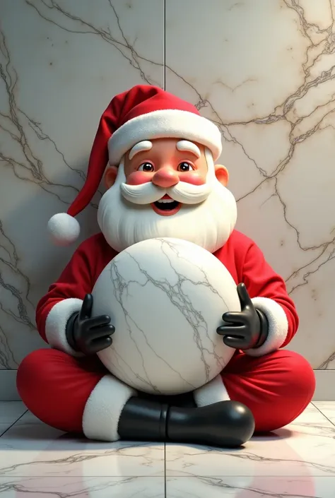 cartoon Santa sitting in front off  an itlian marble ground with a smiling face, a big piece of marble in his hand