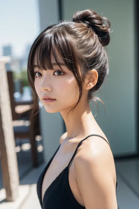 single hair bun, messy hair, diagonal bangs, light streaked hair, face up, resort