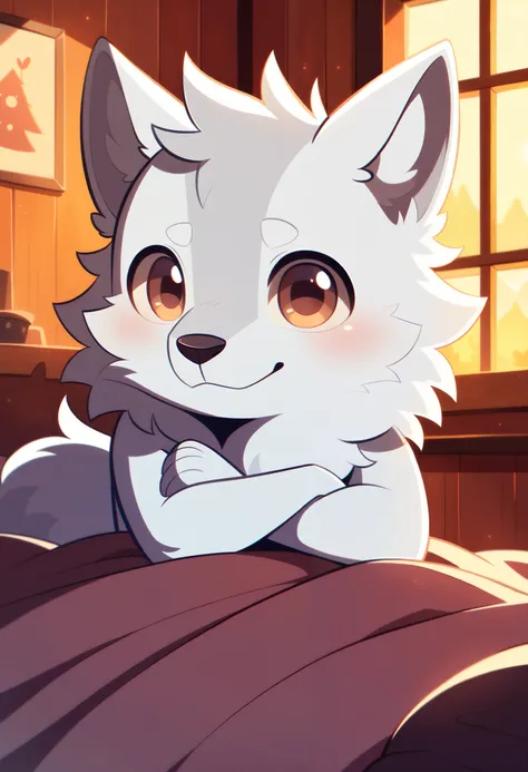 Solo, cute anthro furry white wolf male, anthropomorphic, brown eyes, brown wolf ears, white wolf tail, cute snout, in a cozy cabin, wearing sleeper, sleeper pants, laying down on the blanket, smiling, Bedroom, close up, looking at viewer, (white fur), (wh...