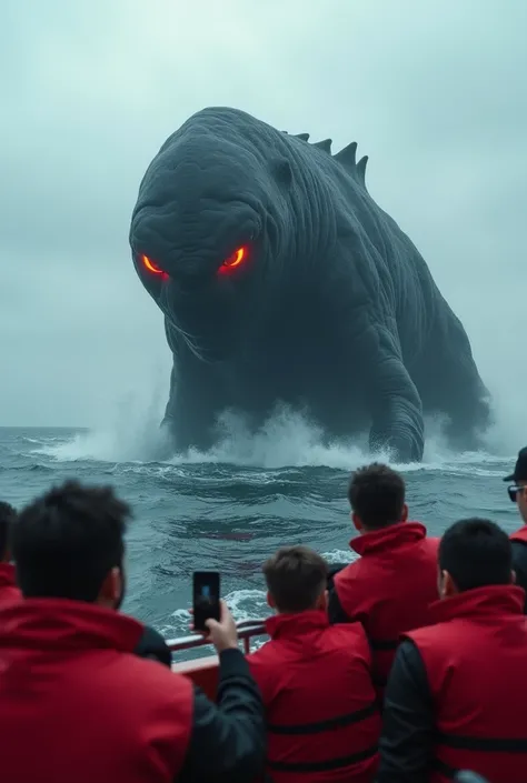 A hyper-realistic photograph of a huge black monster with red eyes, in the middle of the sea, emerging from the water, the photograph is of a crew member of a crowded boat, all wearing red vests, looking on in admiration. One of them holds a smartphone, ca...