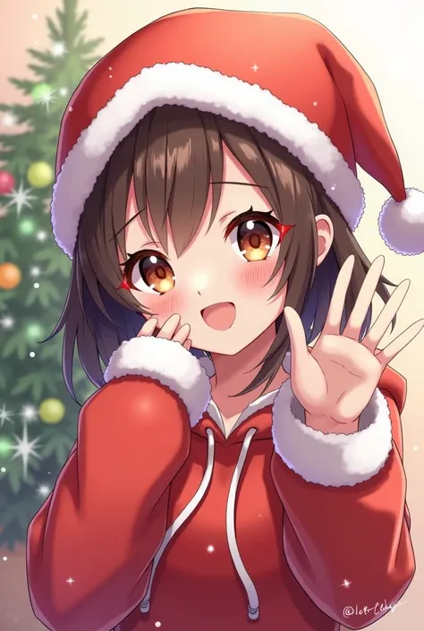 Christmas hat hoodie girl waving selfie anime character