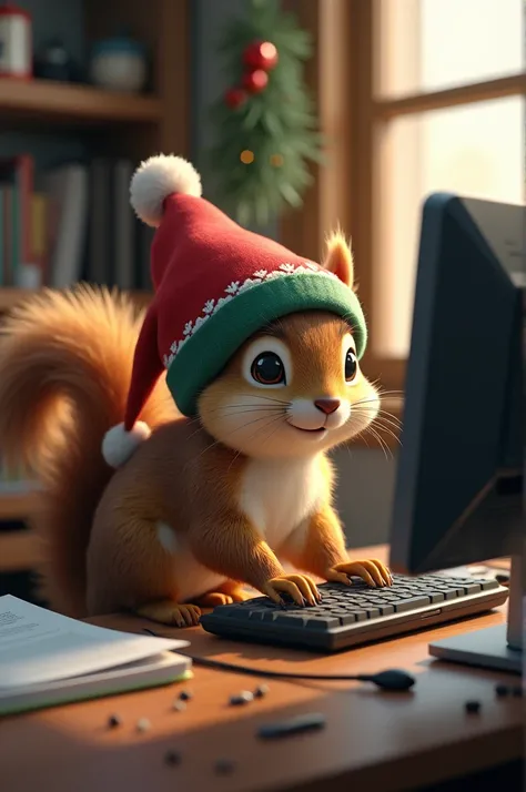 Realistic squirrel wearing Christmas hat working on a computer 