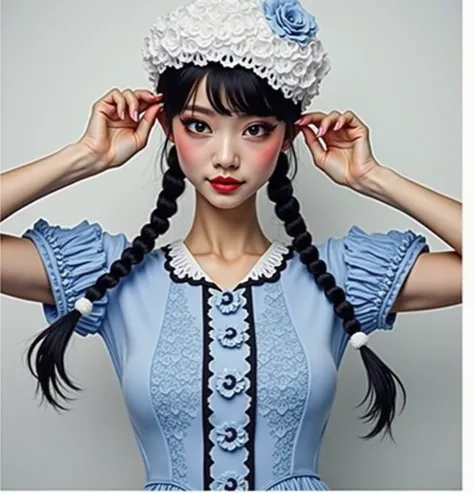 Close up of a woman in a blue dress and white hat,  Photos of Ayami Kojima , Reddit,  what is it ？, Yoshitomo Nara, shikamimi,  Belle Delphine , sakimichan, Teshirogi Shiori ,  twin tail hairstyle , mayuri shiina,  WHITE HIMECUT HAIRSTYLE 