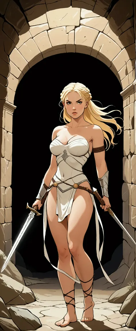 Warrior girl, curvy athletic body, porcelain skin, top less, big breast, nude breast, thin waist, full nude, coming out of a tunnel made in stone, holding a roman sword, bare feet, foto de corpo inteiro full body photo, blonde hairs, braid.