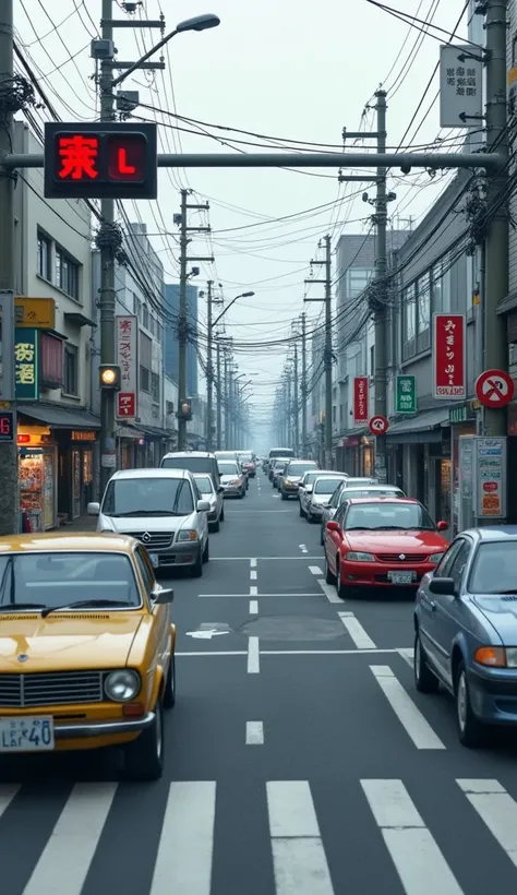 A realistic depiction of cars waiting at a red traffic light in Japan. The scene features Japanese-style vehicles lined up on a typical urban road, with visible kanji signs, a crosswalk, and a Japanese traffic light showing a red signal. The background inc...