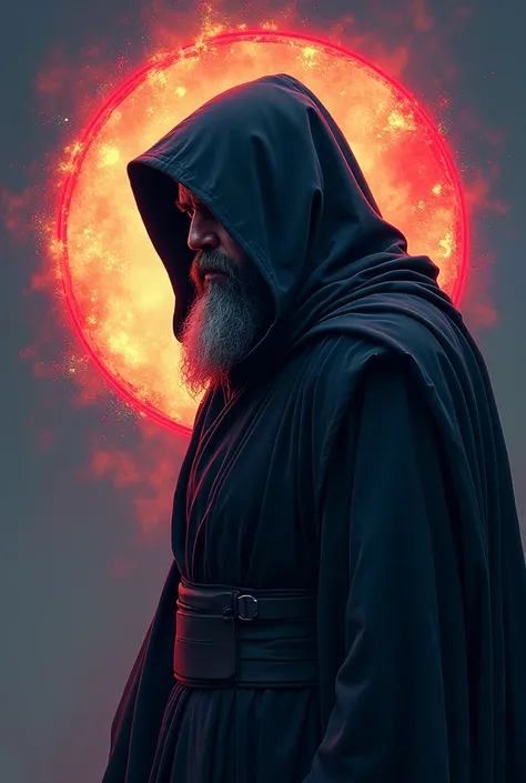  a man with a hood and beard in front of a circle, with halo, colorful and dark, , Mr. Sith hooded and cloaked , side profile illustration and with the legend "Zargor "