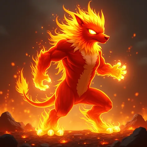 "A fiery character with a bold and dynamic presence, its body formed of flickering flames in vibrant hues of red, orange, and gold. The characters silhouette is sharp and powerful, with flames constantly shifting and crackling around its form. Its eyes bur...