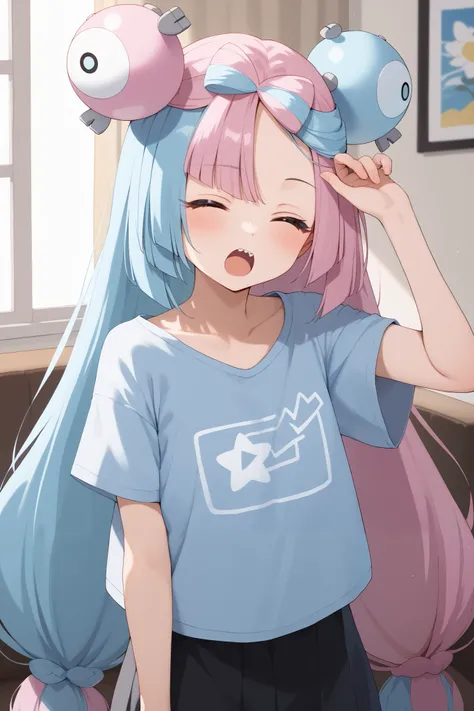 NSFW,masterpiece, top quality , high res, very detailed,Pokemon Iono、 blue hair、Bow-shaped hair、キャラクターの hair ornament、 hair ornament、 long hair、低く結んだ long hair、Multicolored Hair、 pink hair、 split color hair、 twin tails、 two-tone hair 、 pink eyes, oversized...