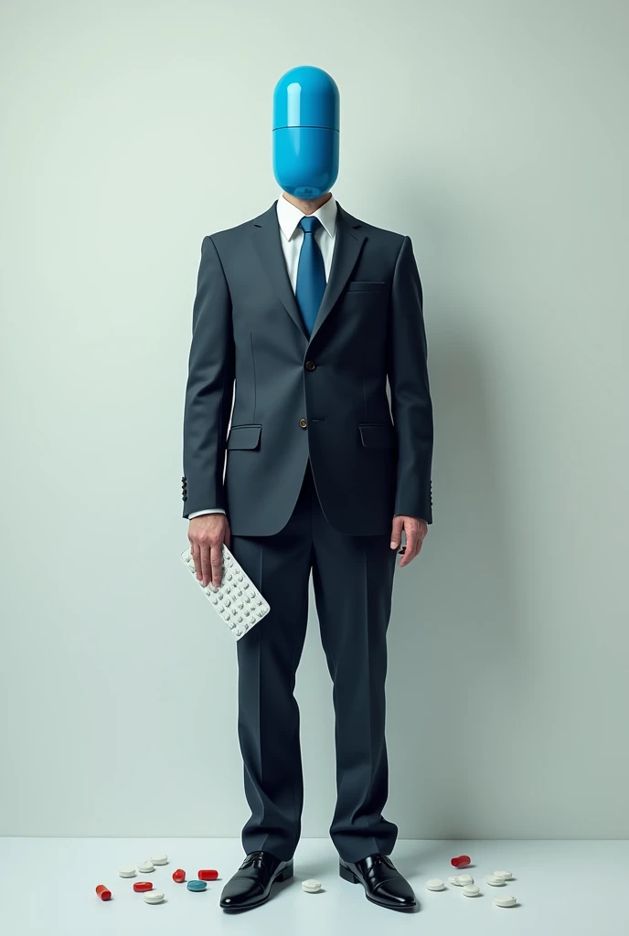 A man wearing a suit and a tie. He has no head and instead of his head is a blue pill capsule.  He has some pills by his side and a pill box is in his right hand