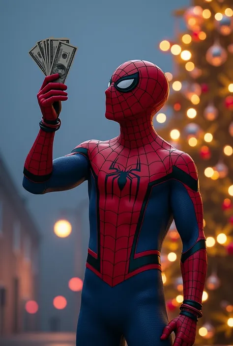 Spiderman is standing in a full-length blue hat, looking at his hand containing the money, he is very, very pumped up and you can clearly see the Christmas tree in the background