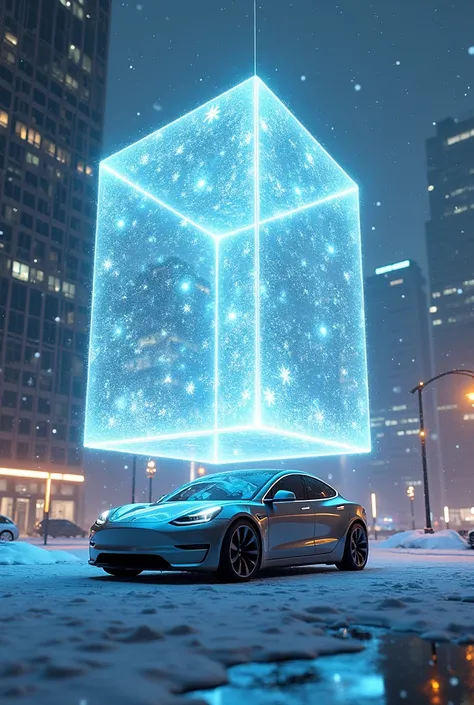 christmas picture with tesla charging from an huge allspark cube