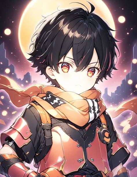 Detailed 8k cute theme , Boy in the scarf , short disheveled black hair and red eyes wearing black and orange and pink armor with full moon in the background