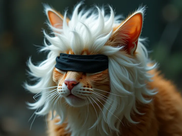 kucing laki-laki berwarna oren, wearing a white wig, wearing a black cloth headband that covers the eyes 