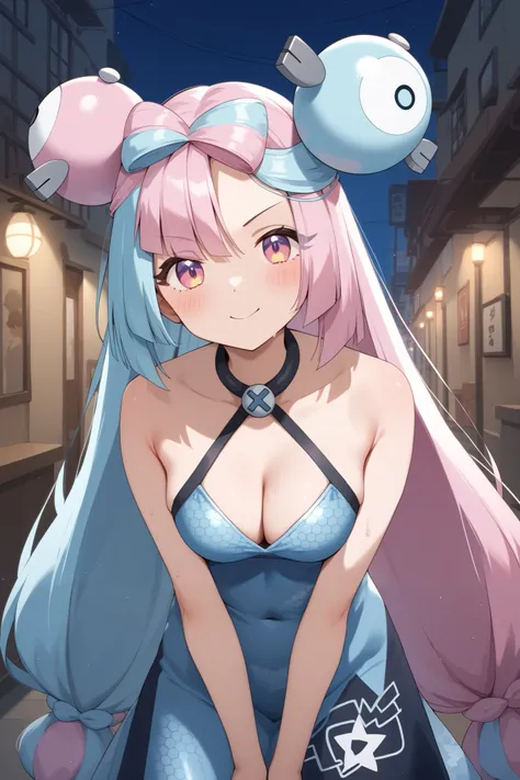 NSFW,masterpiece, top quality , high res, very detailed,Pokemon Iono、 blue hair、Bow-shaped hair、キャラクターの hair ornament、 hair ornament、 long hair、低く結んだ long hair、Multicolored Hair、 pink hair、 split color hair、 twin tails、 two-tone hair 、 pink eyes, Evening D...