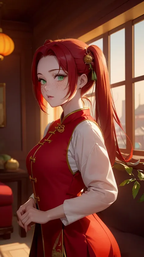 ( masterpiece : 1.3), (8k, realistic, foto RAW,  best quality: 1.4, close up)  a woman deitada no sofa( long red hair ,  long twin tails ,  green eyes, freckles on the face,  correct anatomy)  red collared Chinese dress with gold details ,  wrist and neck ...