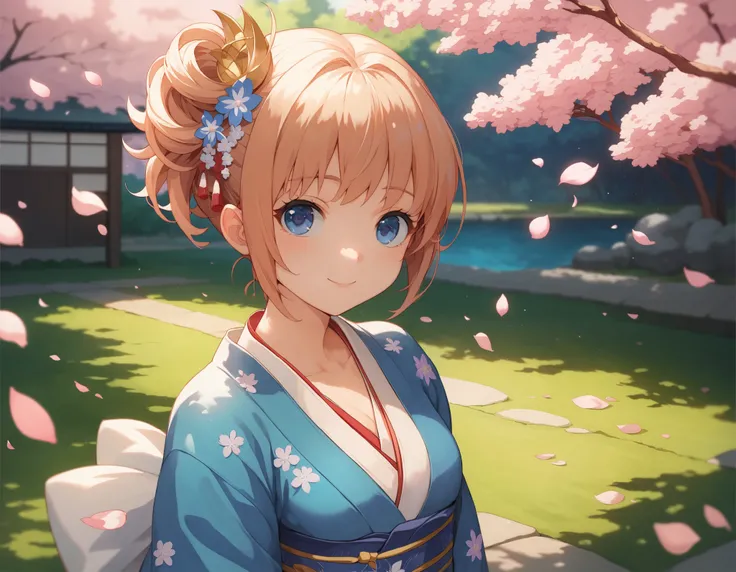 Anime girl with flowers in her hair, In kimono,   anime moe art style  , In kimono,  wearing a coat ,  cute girl anime visual, shikamimi,  Manga Art Style , Sayori, cute  ANIME STYLE,  anime cover ,  ANIME STYLE art,  ANIME STYLE illustration,  cute art st...