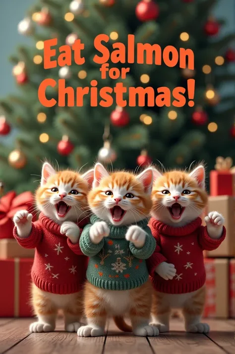 ((masterpiece, highest quality, Highest image quality, High resolution, photorealistic, Raw photo, Extremely detailed CG unified 8k wallpaper)), Kittens in sweaters are shouting at the camera, and at the top of the screen is a large “Eat Salmon for Christm...