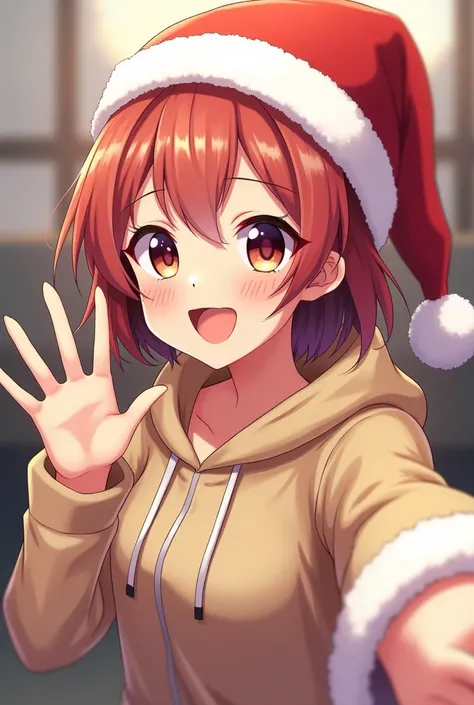 Selfie waving Christmas hat hoodie adult girl anime character