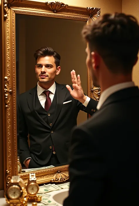 AN EMOTIONAL IMAGE OF A PERSON LOOKING INTO A MIRROR. THE REFLECTION SHOWS THEM DRESSED IN ELEGANT CLOTHES, SURROUNDED BY SYMBOLS OF SUCCESS LIKE GOLD WATCHES, CASH, AND A LUXURY BACKGROUND. THE PERSON IS TOUCHING THE MIRROR WITH ONE HAND, AS IF REACHING F...