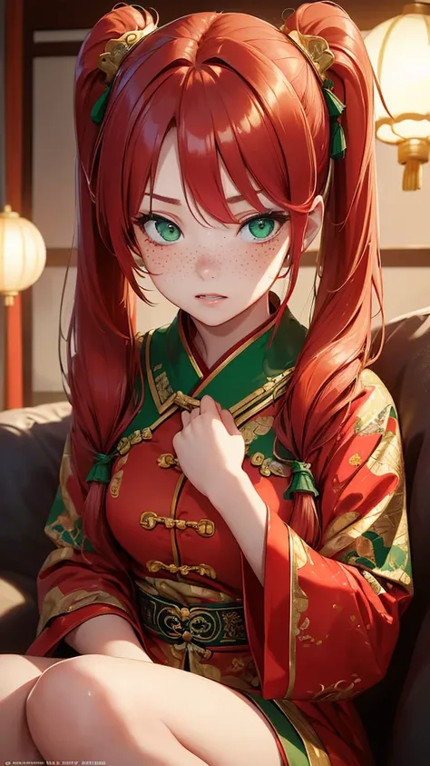 ( masterpiece : 1.3), (8k, realistic, foto RAW,  best quality: 1.4, close up)  a woman deitada no sofa( long red hair ,  long twin tails ,  green eyes, freckles on the face,  correct anatomy)  red collared Chinese dress with gold details ,  wrist and neck ...