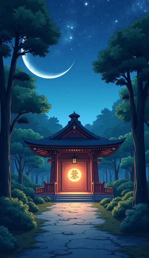 (Starry Night,Quiet森,Peaceful atmosphere,神秘的なshrine),8k resolution),In Japanese anime style，In the woods，shrine，Warmth，Quiet。