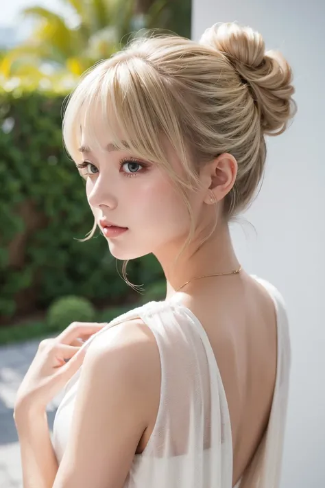 single hair bun, silky hair, swept bangs, ash blonde hair, face up, resort