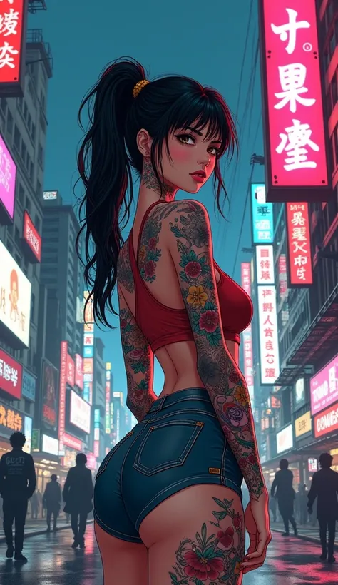 80s anime aesthetics, a Japanese old-school tattoo poster of a cyberpunk streetwear girl with dark hair and tattoos in the streets of Neo-Tokyo, retro fashion, muted pastel colors, 