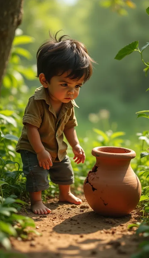 As the sun beats down on the shattered clay  pot, the small boy beside it cant help but feel a sense of unease. The lush green surroundings only add on to the tension,as his face reflects a mix of fear & regret