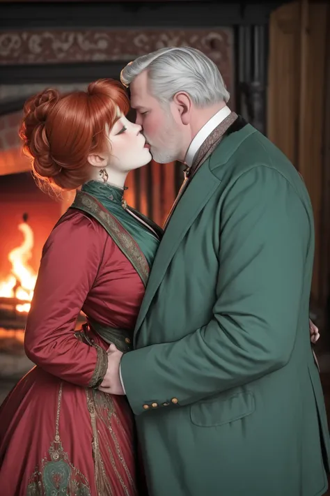 A pretty, curvy 15yo redhead Gibson Girl kissing a fat 75yo gray-haired gentleman by the fireside. Year 1904. Edwardian setting. Girl wearing a green 1900_dr3ss. Man wearing a crimson smoking jacket.