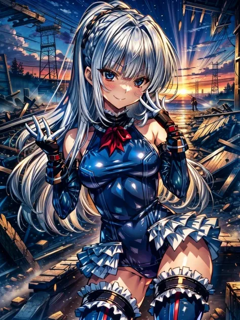  Perfect Anatomy,  top quality , marierose, Evil Smiles ,Provocative attitude
,(The girls greet the dawn on a pile of rubble:1.1), Evil Smiles , ANIME STYLE,(Frilled swimsuit, Thighs, Sleeveless), ( ANIME STYLE:1.4) ,
 Silver Hair,(white finger :1.1, Black...