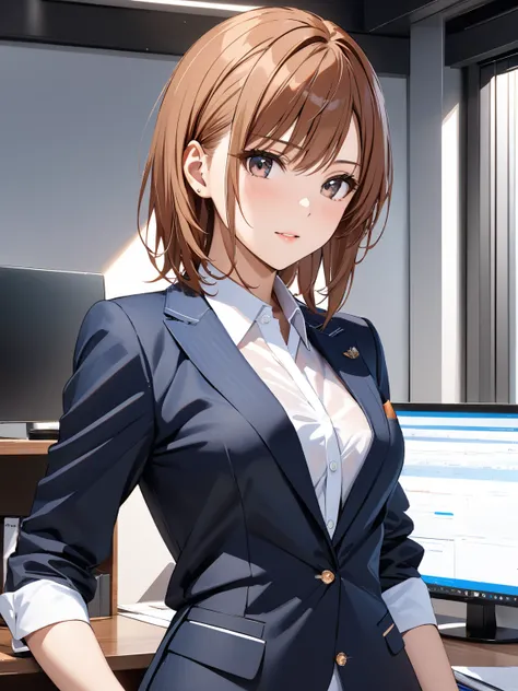 ( cute), Small breasts,  office lady with straight black hair, (Misaka Mikoto), masterpiece:1.5, masterpiece, highest quality, UHD, retina, masterpiece, accurate anatomy, super detailed, high quality, best quality, 8k