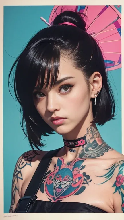 80s anime aesthetics, a Japanese old-school tattoo poster of a cyberpunk streetwear girl with dark hair and tattoos in the streets of Neo-Tokyo, retro fashion, muted pastel colors, 